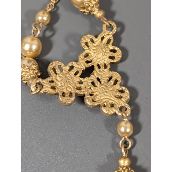 1928 Golden Aurora Borealis Faux Pearl Flower Y-Drop Necklace 19" Elegant - Picture 10 of 11